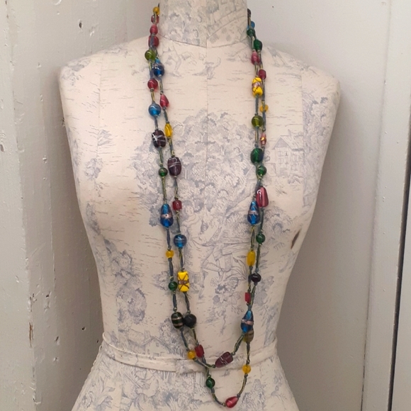 BOHO Amber brown Morano glass & Beaded  Necklace mukti strand ITALY BOHEMIAN - Picture 5 of 6